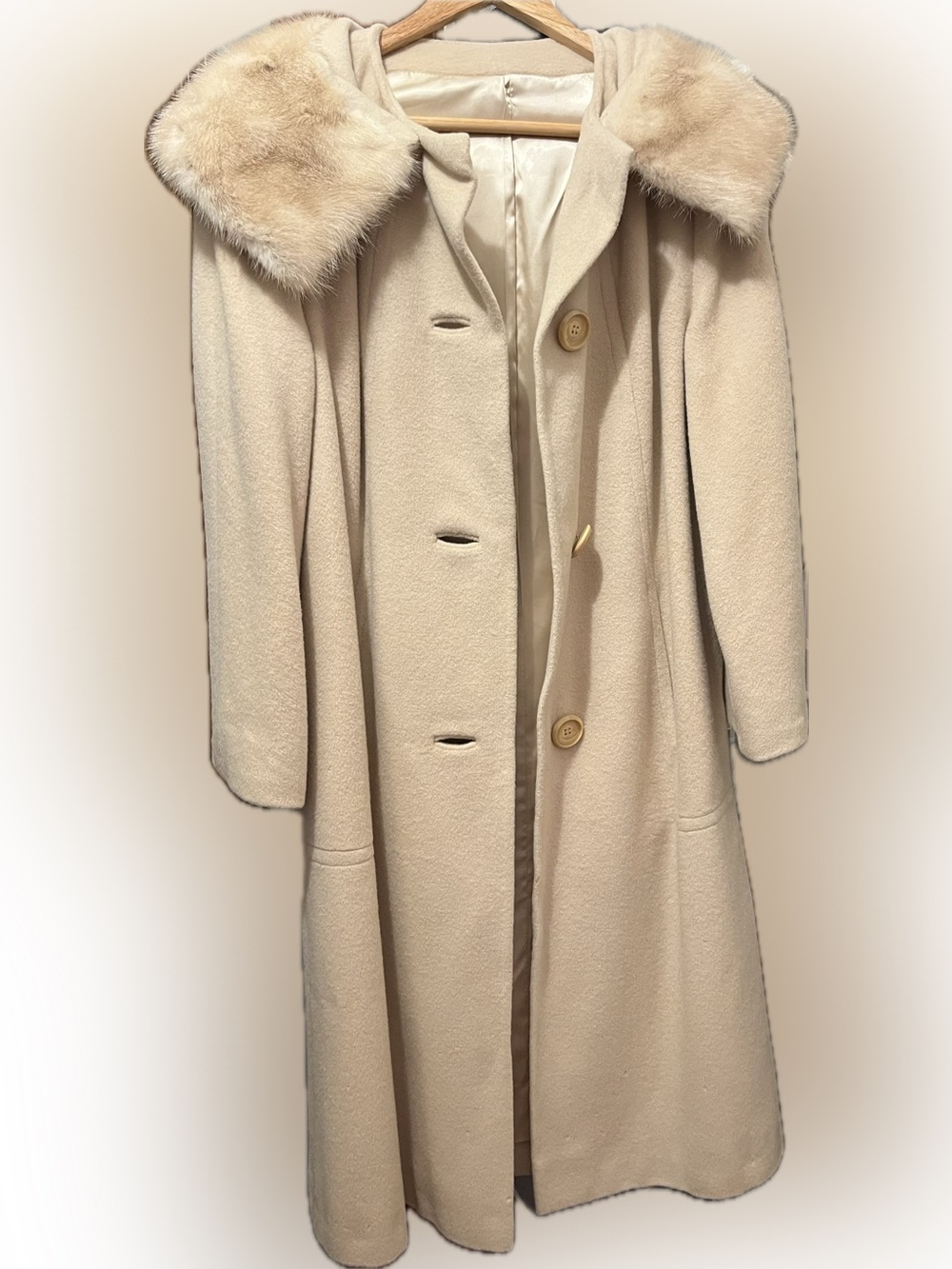 Vintage Sears Cashmere Trench Coat w/Faux? Fur Collar - pockets & 3/4 sleeve - 8